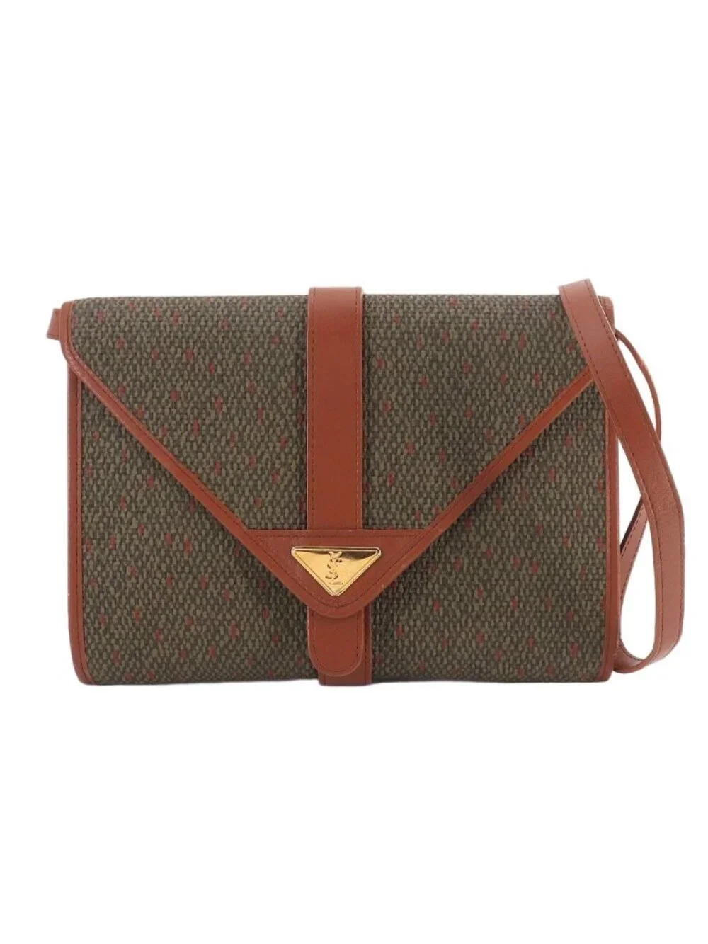 Saint Laurent 2-Way Shoulder Clutch Leather Brown Green Gold - Picture 1 of 10